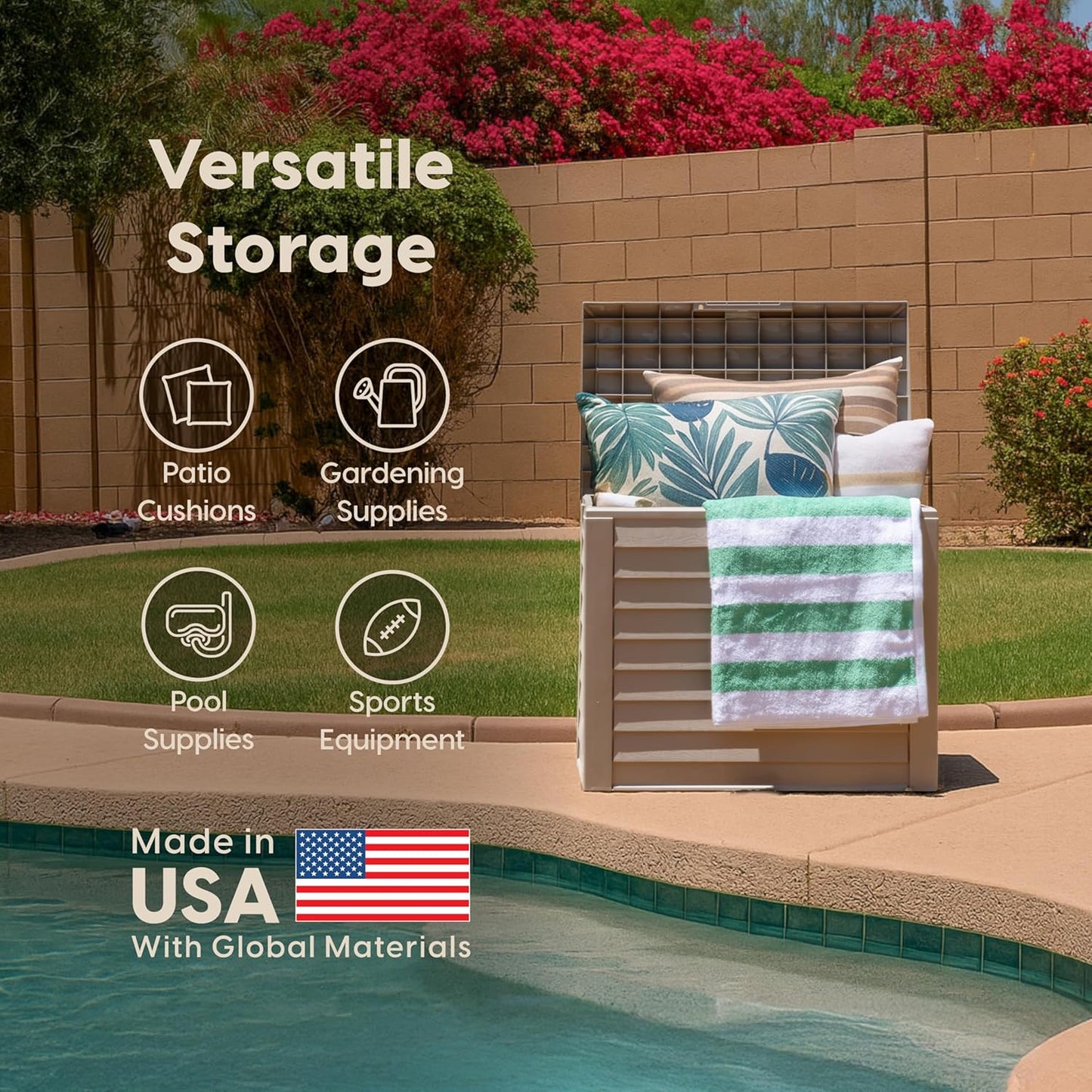 IRIS USA 35-Gallon Outdoor Deck Storage Box, Lockable & UV-Protected, Weather-Resistant Patio Storage for Cushions, Garden Tools & Packages, Waterproof Resin, Durable & Stylish Design - Beige